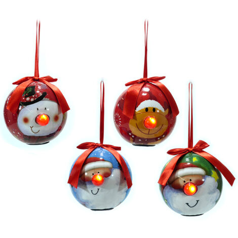 Set di 4 Palline Luminose Natalizie per albero di natale Decorate cm 10,5 pinguini e Babbo Natale renna da collezione
