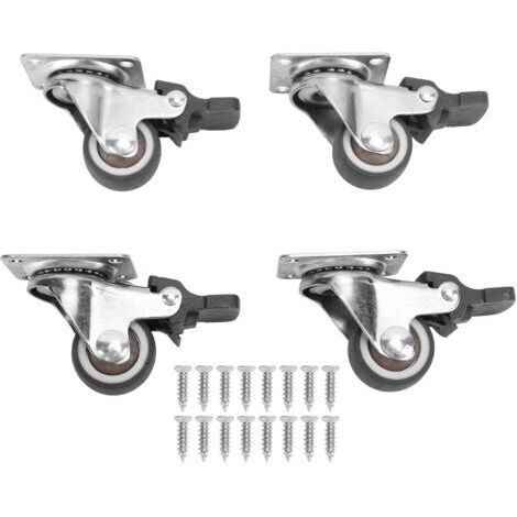 Set di 4 piccole rotelle girevoli in acciaio e gomma, diametro 2,5 cm, con freno e 16 viti, per mobili.