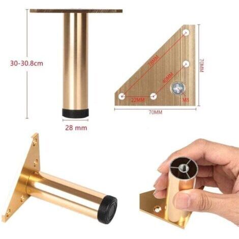 Set di 4 piedini regolabili per mobili, 30 cm – Lega di alluminio color oro – Superficie anodizzata anti-impronta – Per divani e tavoli