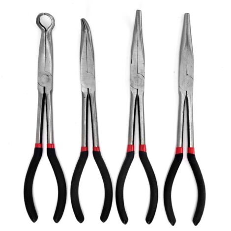Set di 4 pinze a becchi lunghi: pinze a becchi dritti da 280 mm, pinze a 45°, 90° e ad angolo circolare per industria, edilizia, ingegneria meccanica, automotive