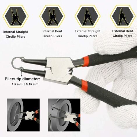 Set di 4 pinze per anelli elastici, set di pinze dritte e curve per interni ed esterni con custodia protettiva, impugnatura antiscivolo
