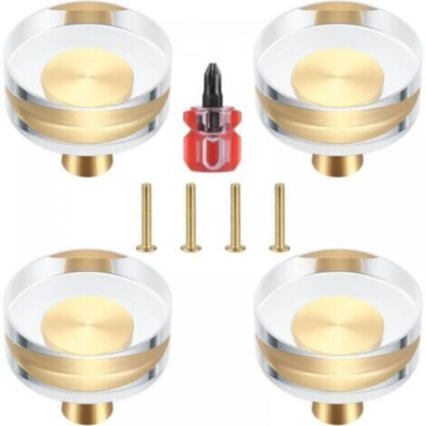 Set di 4 pomelli per porte in cristallo trasparente e ottone per armadi, cassetti, credenze e mobili - 30x27 mm