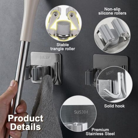 Set di 4 porta scope da parete, non richiedono forature, in acciaio inossidabile, porta scope adesivo, organizer per scope da parete, contenitore per scope per bagno, cucina, giardino, ufficio