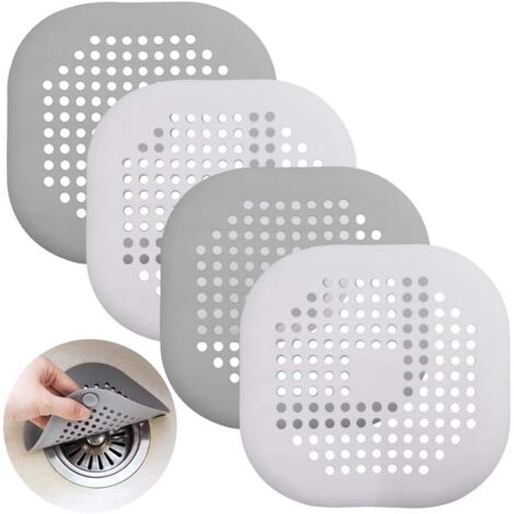 Set di 4 protezioni per scarichi in silicone con ventose, adatte per lavandini, box doccia, vasche da bagno e bagni, colore bianco-grigio.