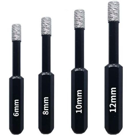Set di 4 punte diamantate, adatte per piastrelle in ceramica, porcellana, vetro e pietra. Punte diamantate professionali con alesatori: 6 mm, 8 mm, 10 mm e 12 mm.