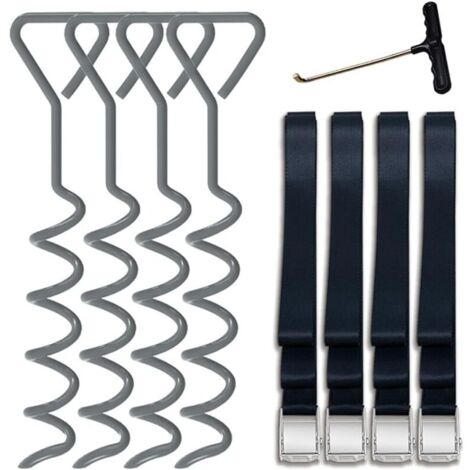 Set di 4 robusti pali per trampolino in acciaio a forma di cavatappi con gancio a T per trampolini - Set bonus di 4 robuste cinture di sicurezza