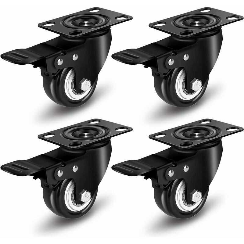 Image of Set di 4 ruote girevoli da 2"/50 mm, ruote per mobili, ruote con freno, piastre industriali ruote per mobili (nero)