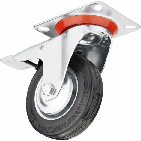 Set di 4 ruote per carichi pesanti, diametro 75 mm (2 ruote fisse, 2 ruote piroettanti con freno), altezza 96 mm, piastra di montaggio: 80 x 67 mm, capacità di carico fino a 280 kg. Ruota fissa