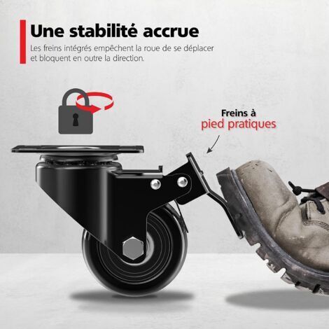 Set di 4 ruote per mobili nere da 50 mm CCYKXAA - Ruote girevoli con freno, fino a 50 kg per ruota - Ruote adatte a diverse tipologie di pavimento - Ruote resistenti per mobili pallettizzati