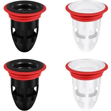 Set di 4 scarichi a pavimento con valvola antiodore e raccogli-capelli anti-intasamento, per bagno e lavanderia (bianco e nero)