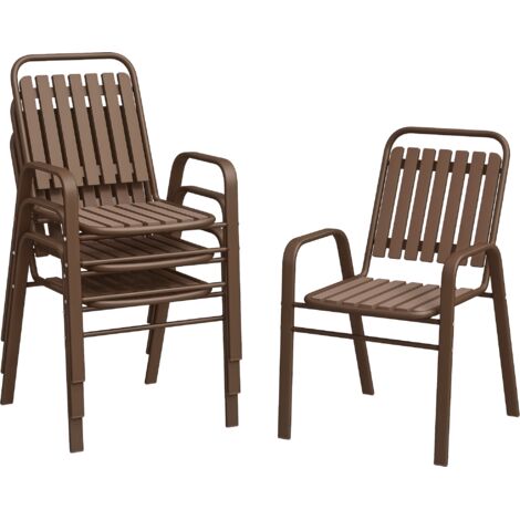 Set di 4 sedie da giardino, impilabili, con schienale alto e braccioli, struttura in acciaio, 56x66x91 cm, marrone scuro.