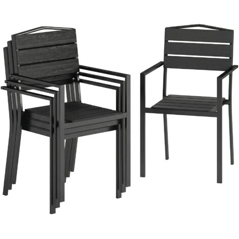 Set di 4 sedie da giardino, impilabili, con struttura a doghe e braccioli, 52 x 51 x 90 cm, nere.