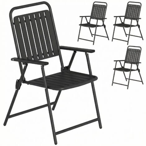 Set di 4 sedie da giardino pieghevoli per esterni con braccioli, schienale e seduta, struttura in metallo, 55x63x93 cm, nere.