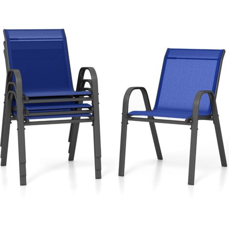 Set di 4 sedie da patio impilabili in metallo con braccioli, Sedie da pranzo in tessuto traspirante Blu