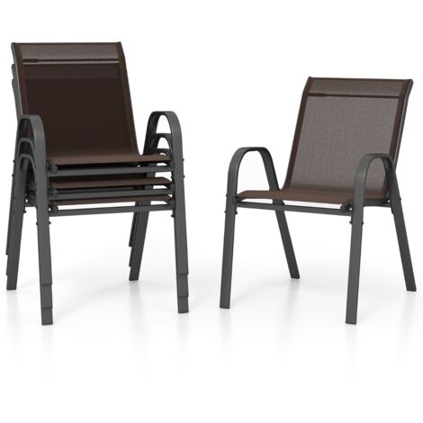 Set di 4 sedie da patio impilabili in metallo con braccioli, Sedie da pranzo in tessuto traspirante Marrone