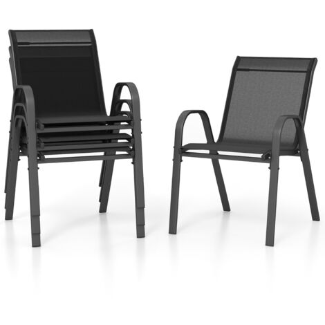 Set di 4 sedie da patio impilabili in metallo con braccioli, Sedie da pranzo in tessuto traspirante Nero