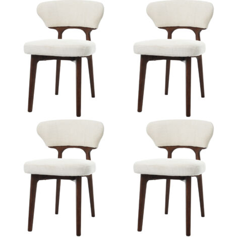 Set di 4 sedie da pranzo, con schienale imbottito e struttura in legno massello, beige chiaro, in chenille