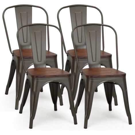 Set di 4 sedie da pranzo con schienale sedile in olmo, 4 Sgabelli di metallo impilabili Colore pistola