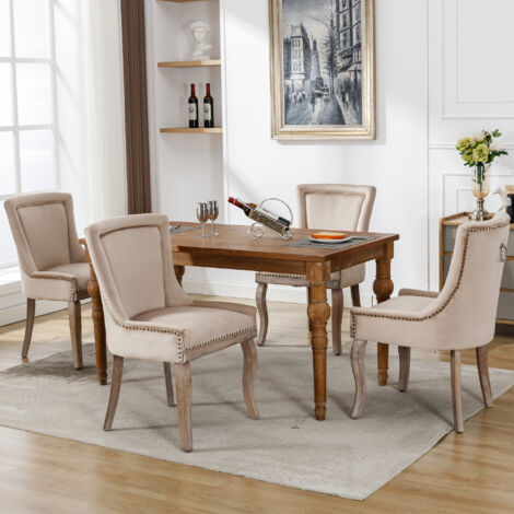 Set di 4 sedie da pranzo imbottite con finiture a borchie, gambe in legno massello, beige