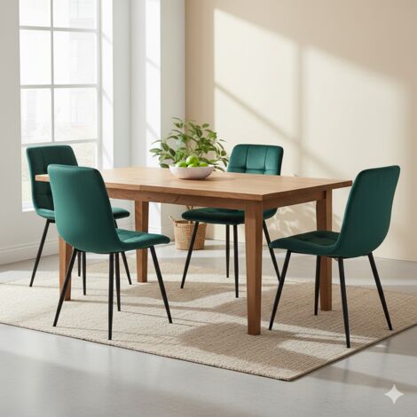 Set di 4 sedie da pranzo imbottite in velluto verde scuro - Design ergonomico e gambe in metallo nero