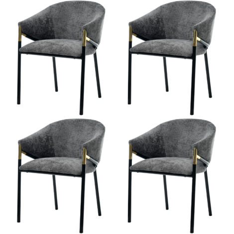 Set di 4 sedie da pranzo, in chenille, con braccioli e piedi in metallo dorato, grigie
