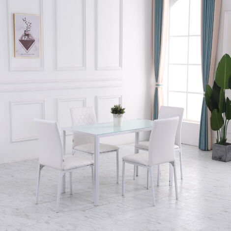 Set di 4 Sedie da Pranzo in Finta Pelle, Sedie da Cucina con Cuciture a Rombi e Gambe in Acciaio per Salotto e Soggiorno, Bianco
