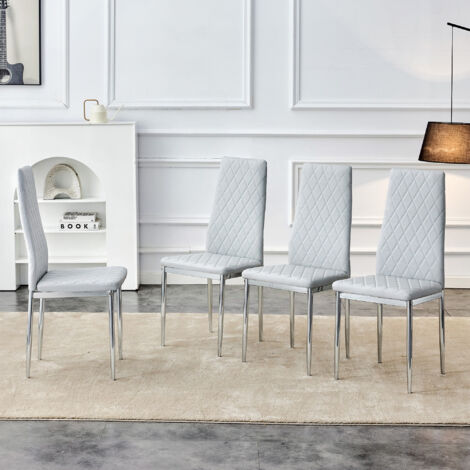 Set di 4 sedie da pranzo in PU, schienale trapuntato a rombi, gambe in metallo argentato - grigio chiaro