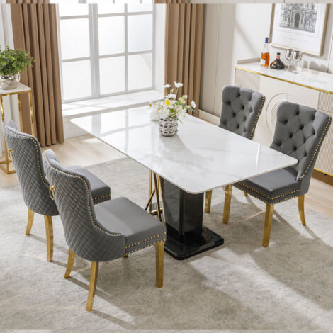Set di 4 sedie da pranzo in velluto con finiture a borchie, gambe in acciaio inossidabile placcato oro, grigio e oro