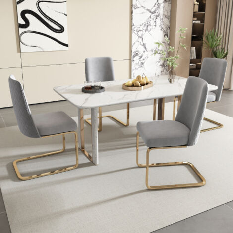 Set di 4 sedie da pranzo in velluto, schienale a diamante, gambe di supporto in metallo dorato, grigio