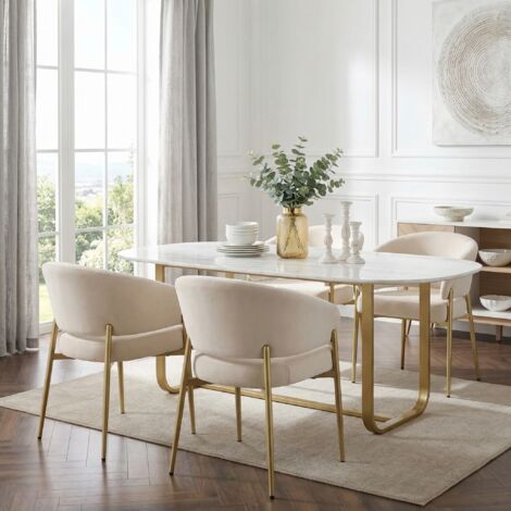 Set di 4 sedie da pranzo in velluto, schienale avvolgente, seduta imbottita, gambe in metallo color champagne-beige.