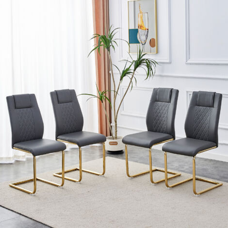 Set di 4 sedie da pranzo, sedie da cucina, effetto rete sullo schienale, imbottita in pelle PU, grigio scuro e oro, per casa