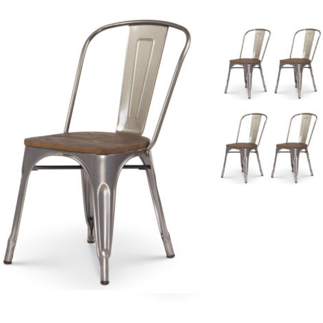 Set di 4 sedie in metallo grezzo con aspetto zincato e seduta in legno scuro - Stile industriale