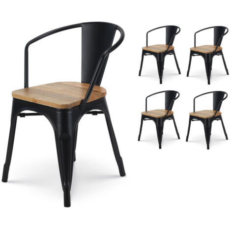 Set di 4 sedie in metallo nero opaco in stile industriale con sedile in legno chiaro - con braccioli