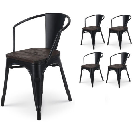 Set di 4 sedie in metallo nero opaco in stile industriale con sedile in legno scuro - con braccioli