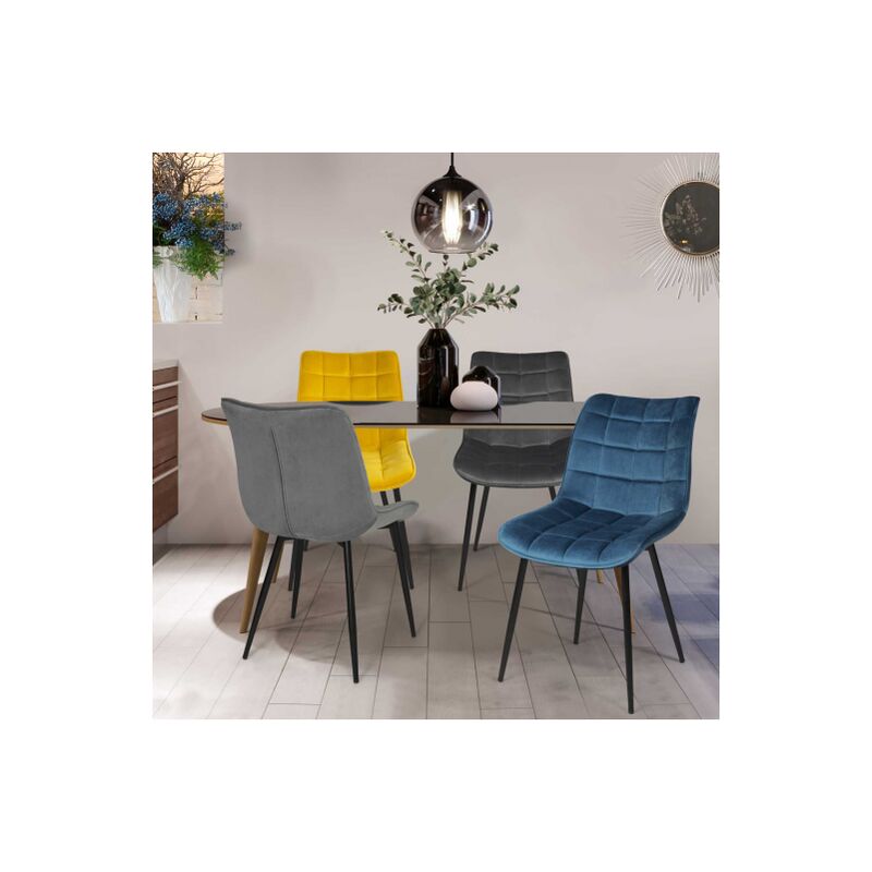 Set di 4 sedie da pranzo in velluto blu, grigio chiaro, grigio scuro e giallo mady