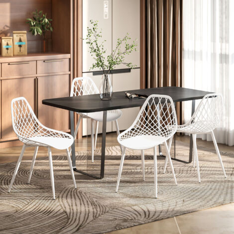Set di 4 Sedie Sala da Pranzo, Sedie da Cucina Moderne con Schienale Curvo e Traforato e Gambe in Metallo, Sedia in Plastica per Cucina, Camera da Letto e Soggiorno, Bianco