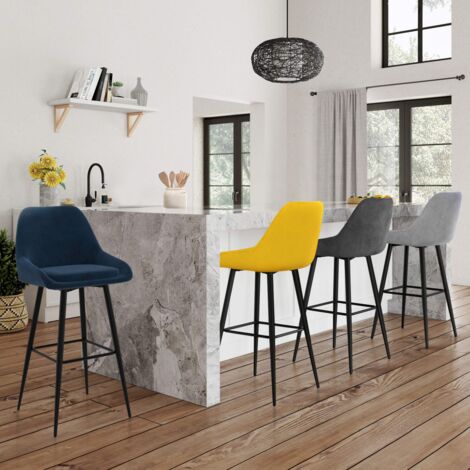 Set di 4 sgabelli da bar THALYA in velluto misto blu, grigio chiaro, grigio scuro, giallo