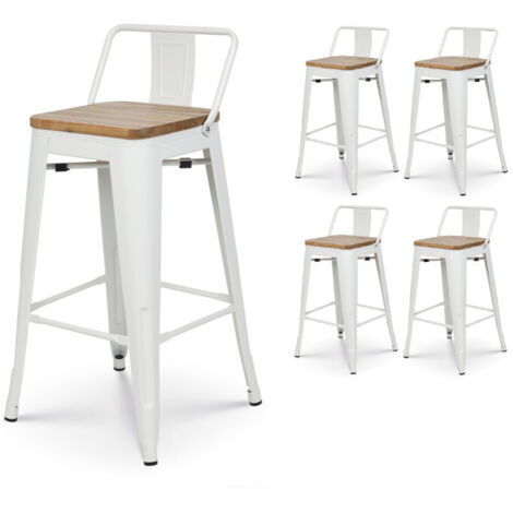 Set di 4 sgabelli in metallo bianco opaco stile industriale con schienale e seduta in legno chiaro - Altezza 66cm