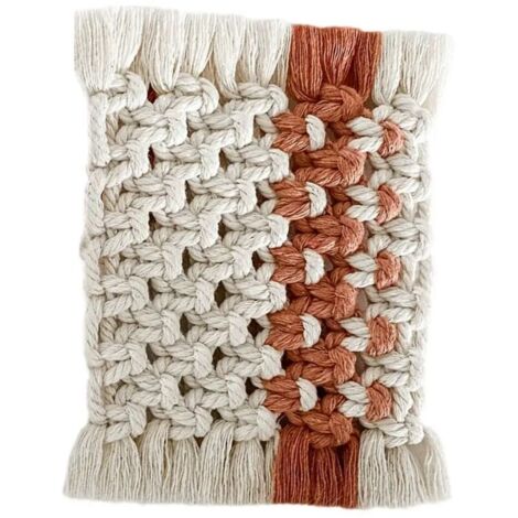 Set di 4 sottobicchieri in cotone macramè fatti a mano, marroni e bianchi con frange