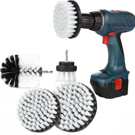Set di 4 spazzole per la pulizia del trapano, spazzola per trapano, auto, piastrelle, moquette, vasca da bagno, cucina, WC, bianco