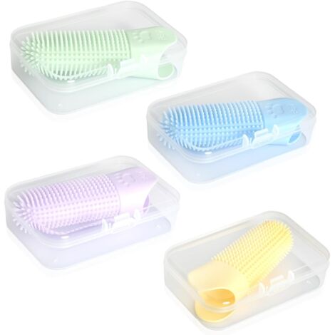 Set di 4 spazzolini da dito in silicone per cani e gatti, girevoli a 360°, riutilizzabili, con scatola, completamente confezionati, per la cura dentale e l'alito fresco, blu, verde, giallo, viola