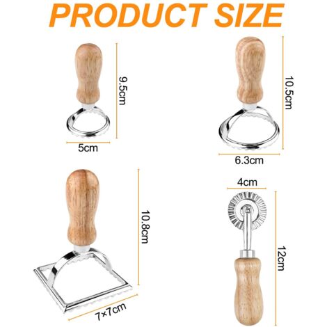 Set di 4 stampi per ravioli, stampo per ravioli, accessori da cucina per tagliabiscotti, utensili per la pasta con manico in legno e bordo scanalato, per pasta ripiena, ravioli e pasticcini