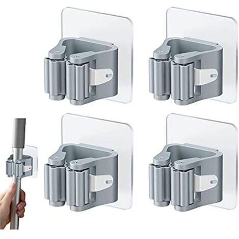 Set di 4 supporti autoadesivi per scopa da parete, porta mocio, gancio per scopa da parete, non richiede foratura, clip per scopa, supporti per mocio, grigio, gancio per scopa per porta del bagno, gri