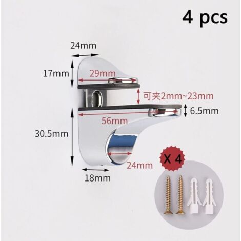 Set di 4 supporti regolabili per ripiani in vetro, staffe regolabili per ripiani in vetro, morsetto di supporto per vetro, con accessori, per pannelli in vetro e legno da 2 a 23 mm