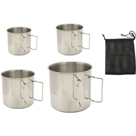 Set di 4 tazze da campeggio in acciaio inox con manico pieghevole, impilabili, per campeggio, falò, escursionismo e trekking.