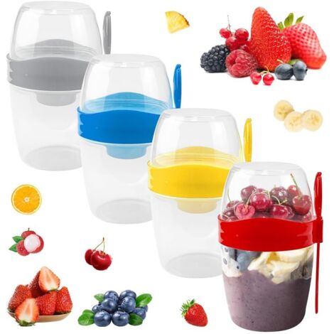 Set di 4 tazze per cereali, yogurt e cereali con coperchio e cucchiaio riutilizzabile, ciotola per muesli da asporto, ciotola per cereali da asporto, tazze per yogurt da asporto, 310 + 560 ml