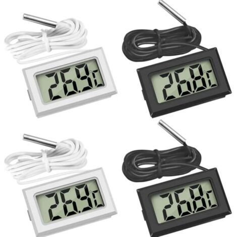 Set di 4 termometri digitali LCD per frigorifero, con sonda impermeabile, ideali per congelatore, acquario e altri piccoli contenitori (2 neri e 2 bianchi).