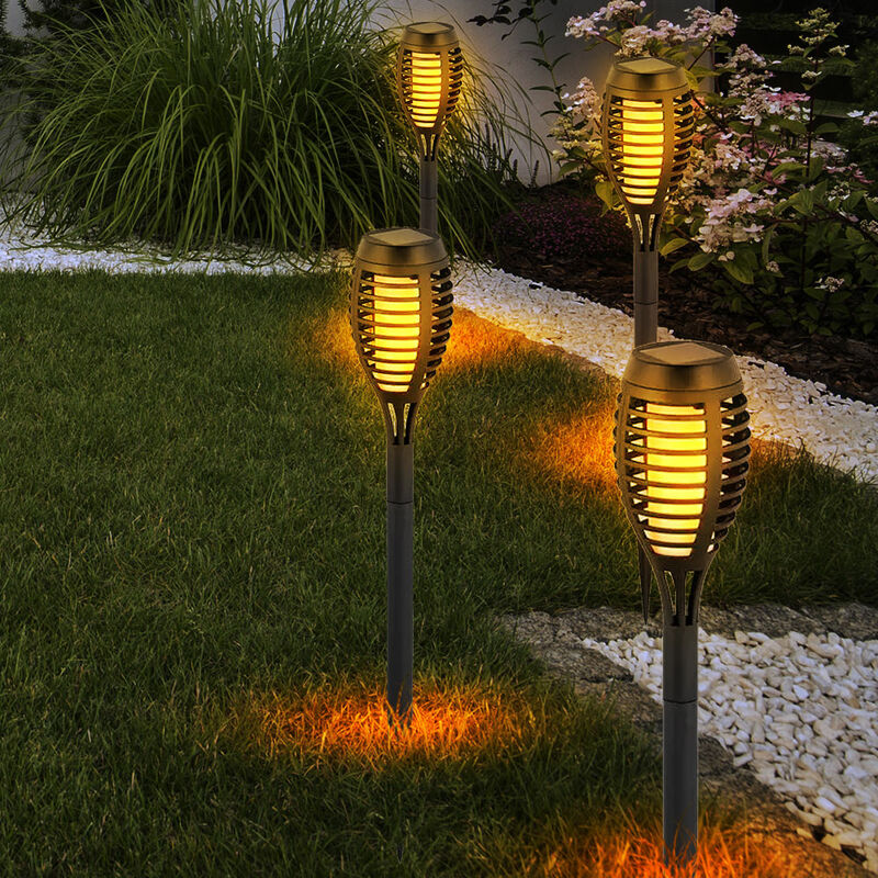 Image of Set di 4 torce solari a led effetto fuoco da giardino luci decorative per esterni lampade a spina per patio nere