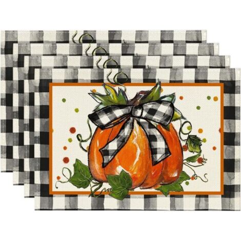 Set di 4 tovagliette a tema autunnale con motivo a quadri di bufalo e zucca, 30 x 45 cm, per sala da pranzo, feste o decorazioni per esterni