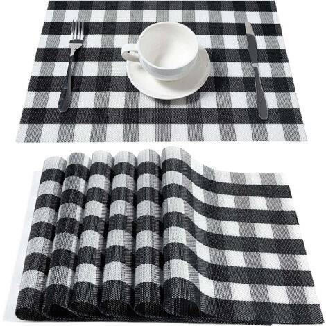 Set di 4 tovagliette americane a quadri bianchi e neri, facili da pulire e in vinile intrecciato a trama incrociata, tovagliette americane in stile rustico per tavolo da pranzo e patio